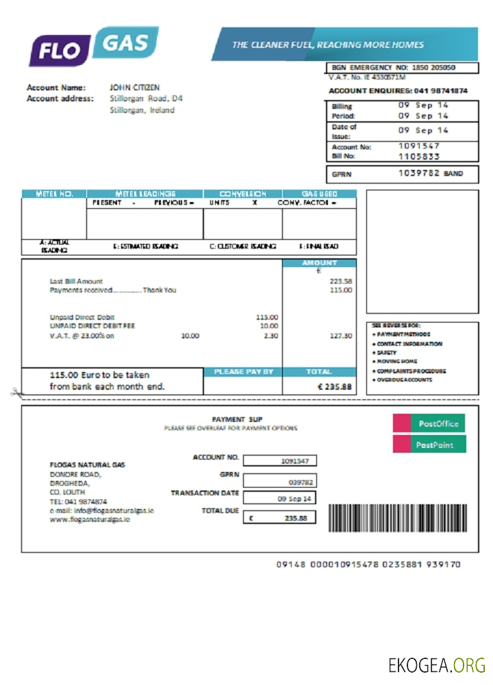 Ireland Flogas Natural Gas utility bill